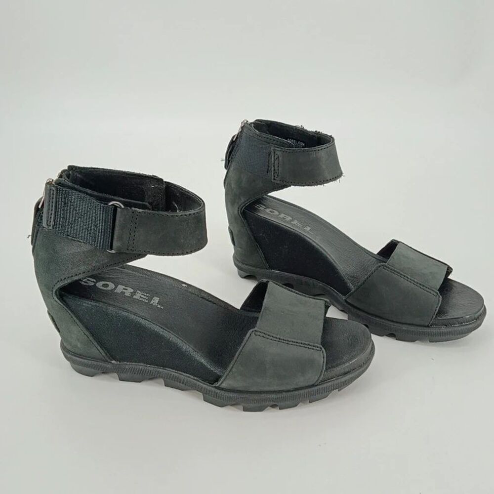 SOREL Joanie II Wedge Sandals Black Leather Ankle Strap 7.5